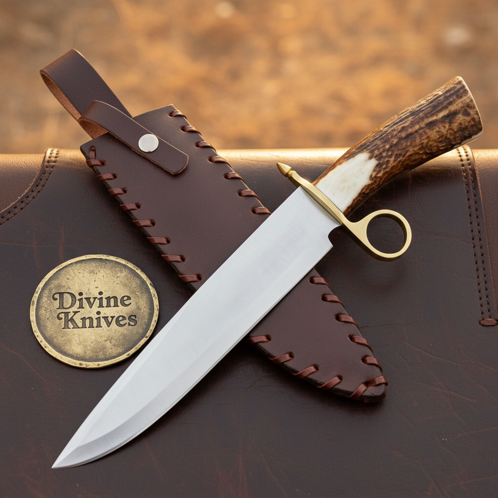 Ring Guard Stag Bowie Knife with Crown Antler Handle and Hand Laced Leather Sheath by Divine Knives — product view 1