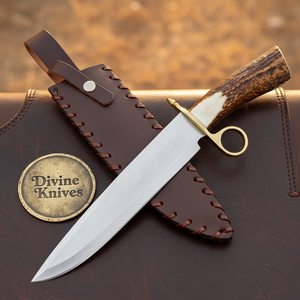 Ring Guard Stag Bowie Knife with Crown Antler Handle and Hand Laced Leather Sheath by Divine Knives — product view 1