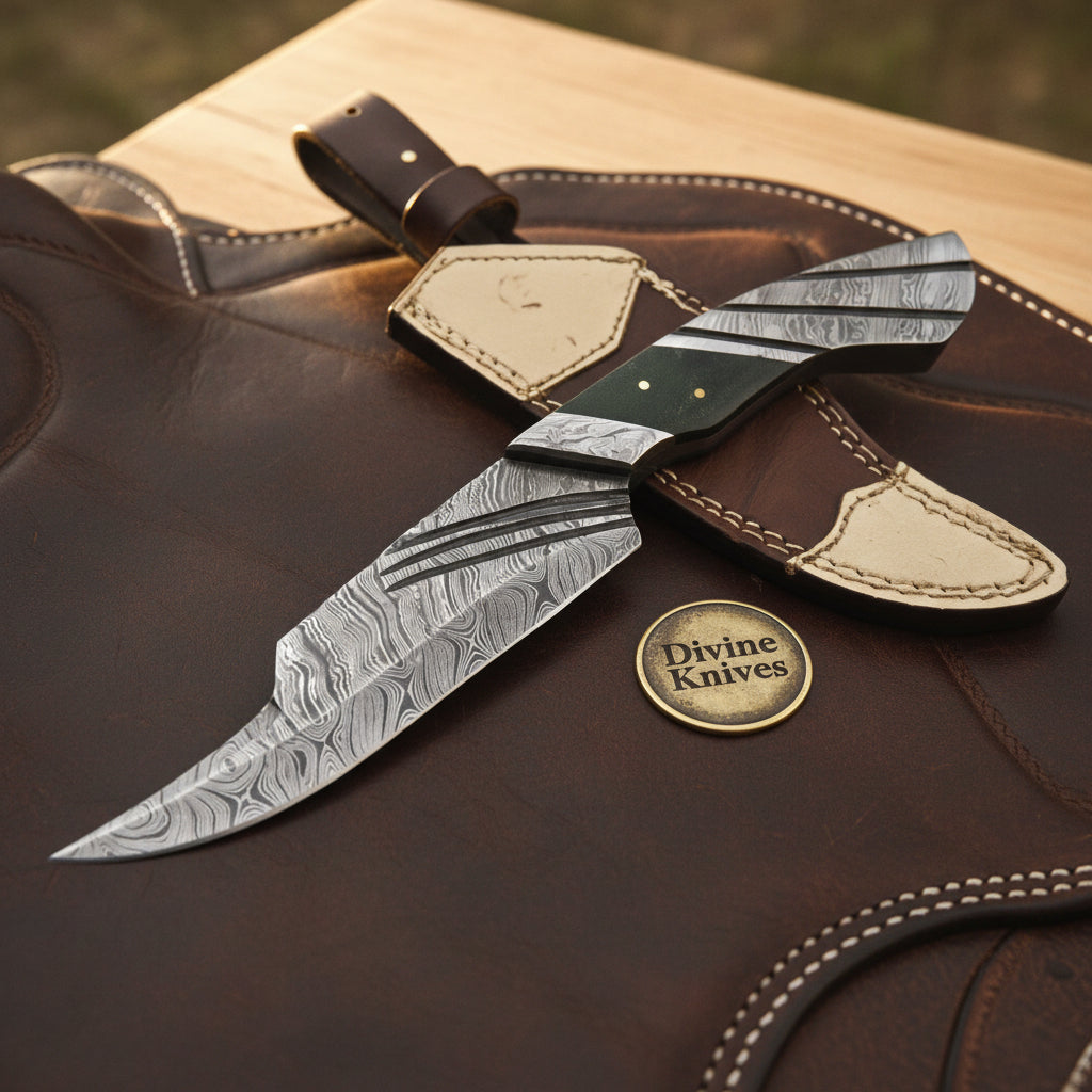 Green Micarta Handle Bowie Knife with Grooved Spine Blade and Two Tone Leather Sheath by Divine Knives — product view 1