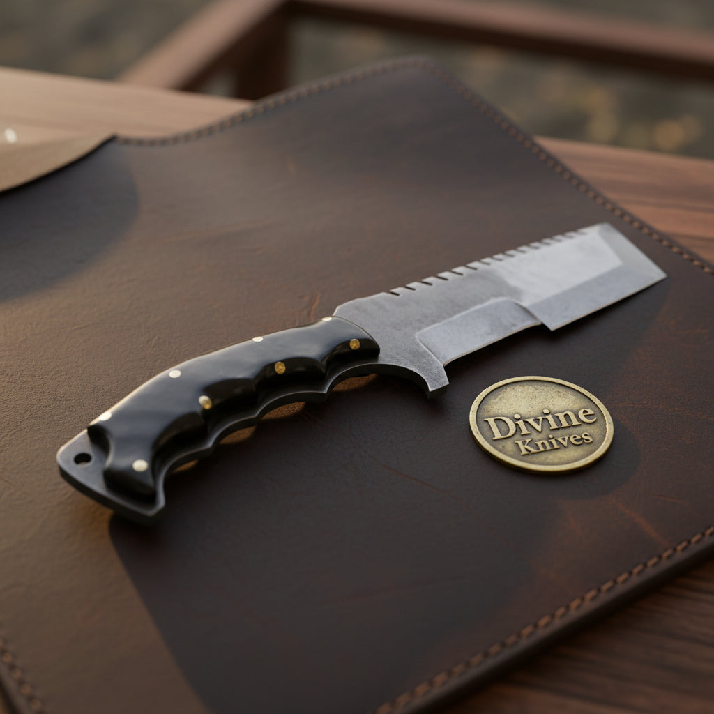 Tracker Cleaver Knife with Sawback Spine, Squared Tip Blade and Contoured Horn Handle by Divine Knives — product view 1