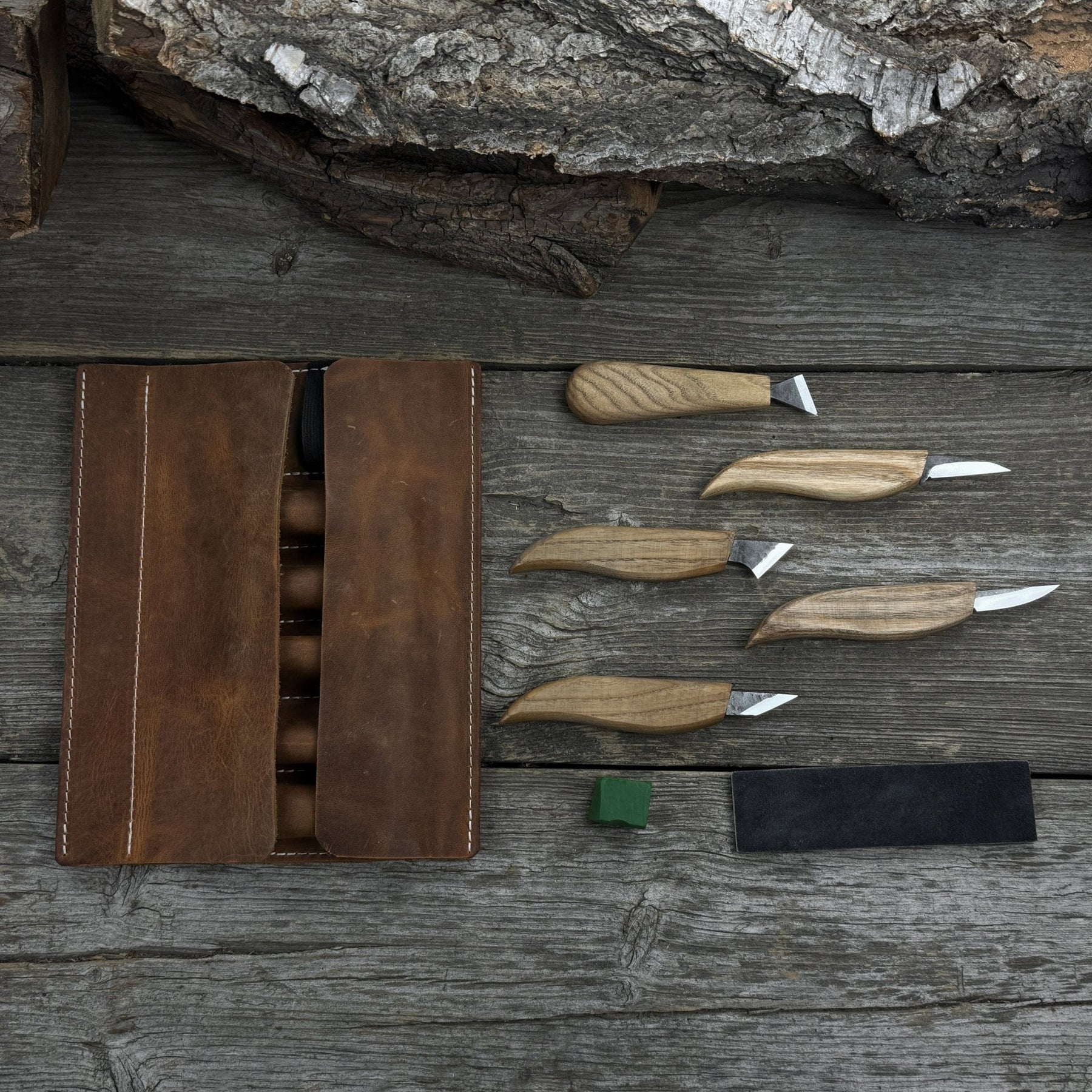 5-Piece Wood Carving Knife Set with Sharpening Board & Leather Case