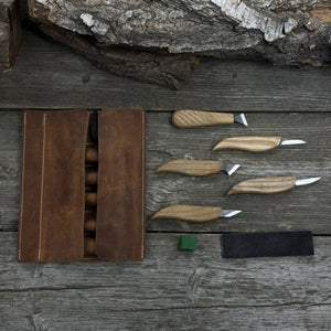 5-Piece Wood Carving Knife Set with Sharpening Board & Leather Case