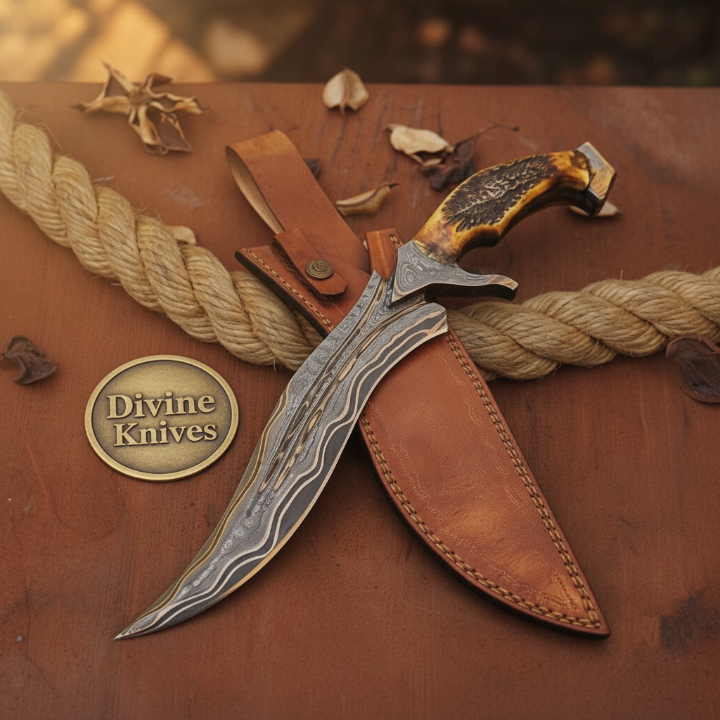 Stag Horn Trailing Point Bowie with Deep Curved Forged Blade and Leather Sheath by Divine Knives — product view 1