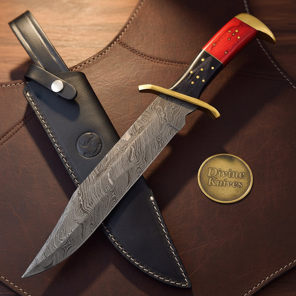 Twist Pattern Classic Bowie Knife with Red Pakkawood Handle & Brass Guard by Divine Knives — product view 1