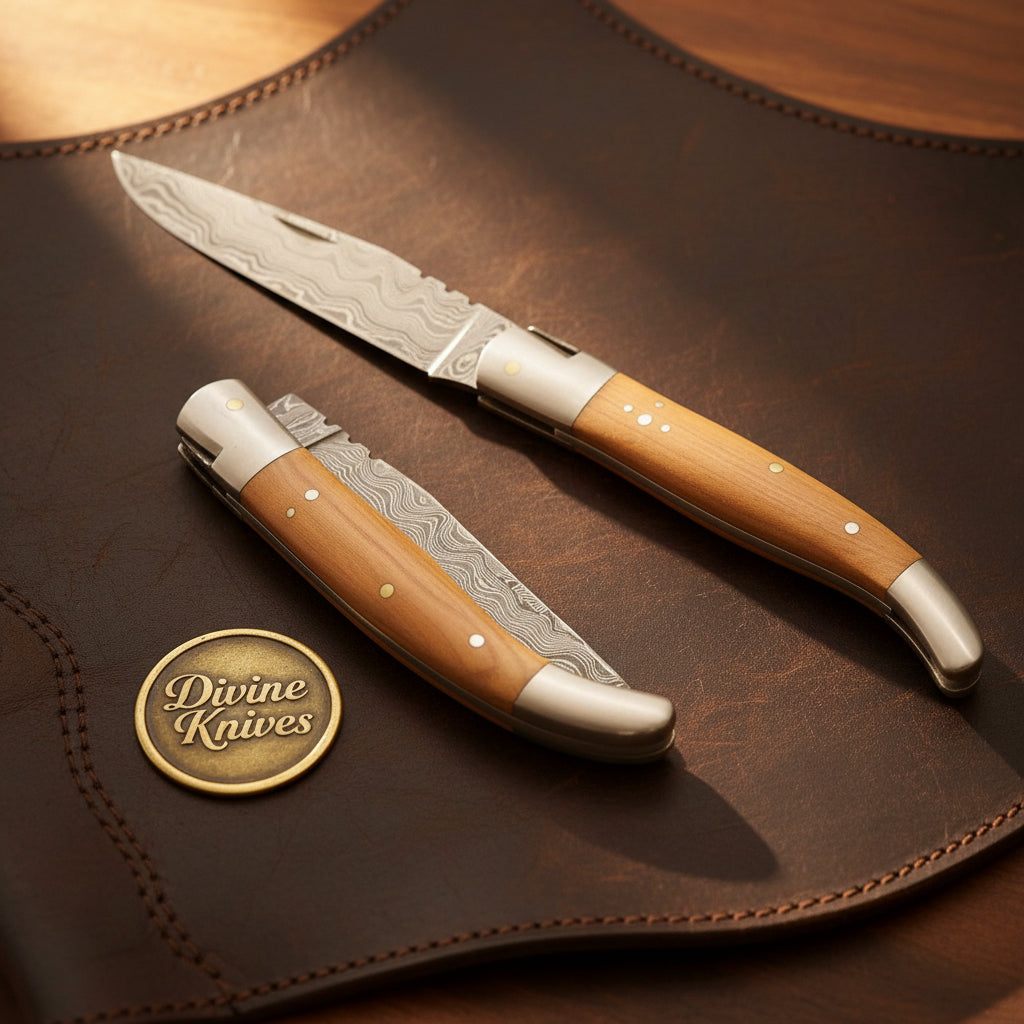 Olive Wood Damascus Laguiole Folding Knife by Divine Knives