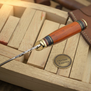 Colorful Spacer Ring Damascus Knife with Natural Tan Wood Handle