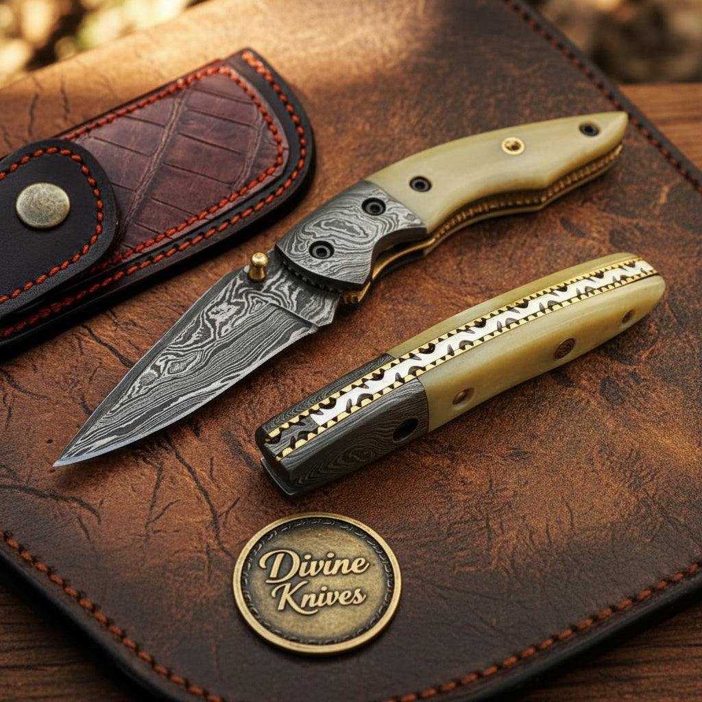 Camel Bone Damascus Spear Point Folder by Divine Knives