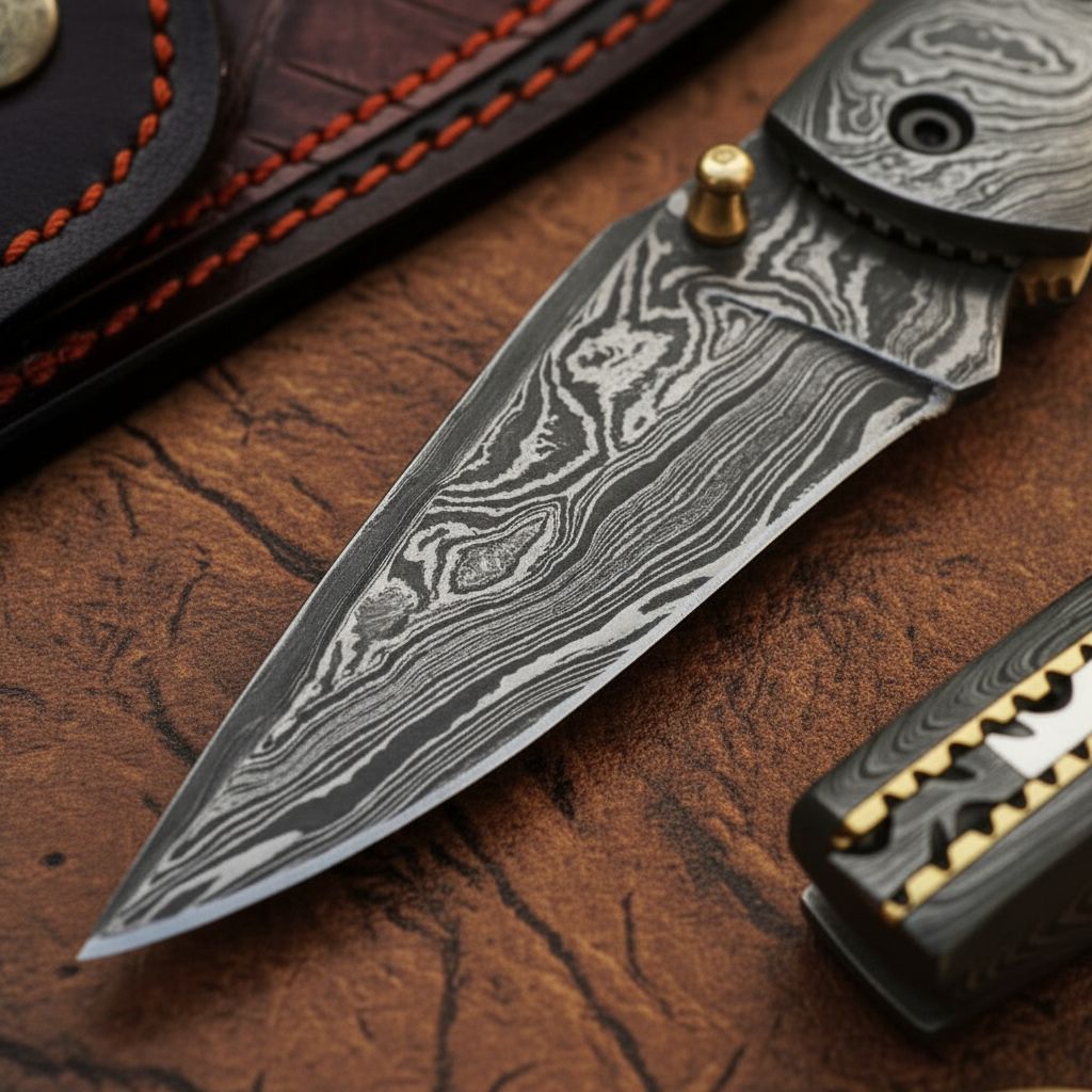 Camel Bone Damascus Spear Point Folder by Divine Knives — detail view 2