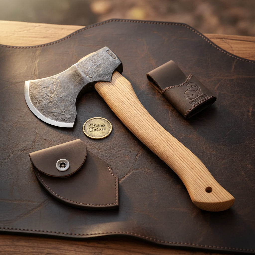 Bushcraft Carving Hatchet with Hickory Wood Handle & Leather Blade Sheath by Divine Knives — product view 2