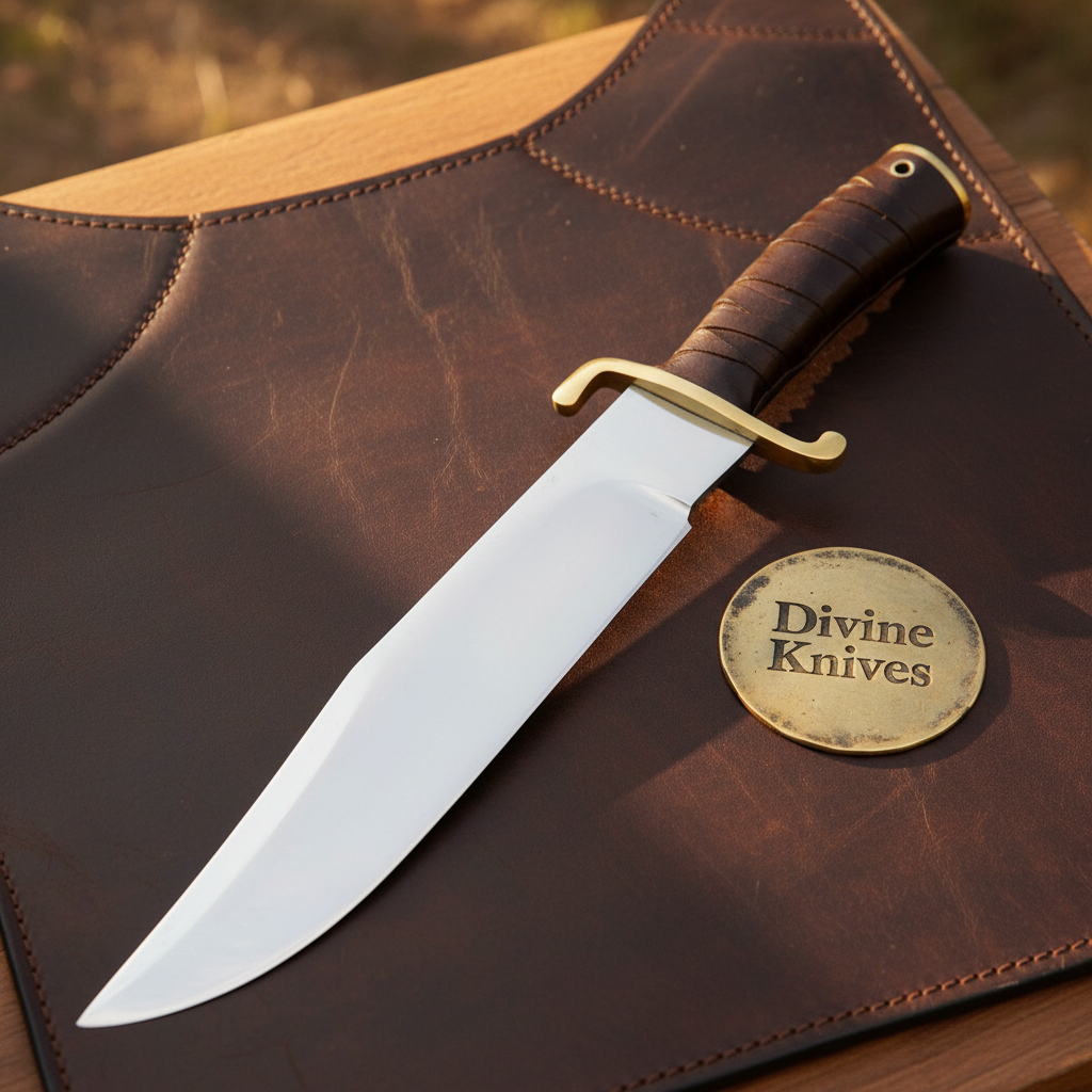 Rosewood Handle Bowie Knife with Mirror Polished Clip Point Blade & Tooled Sheath by Divine Knives — product view 2