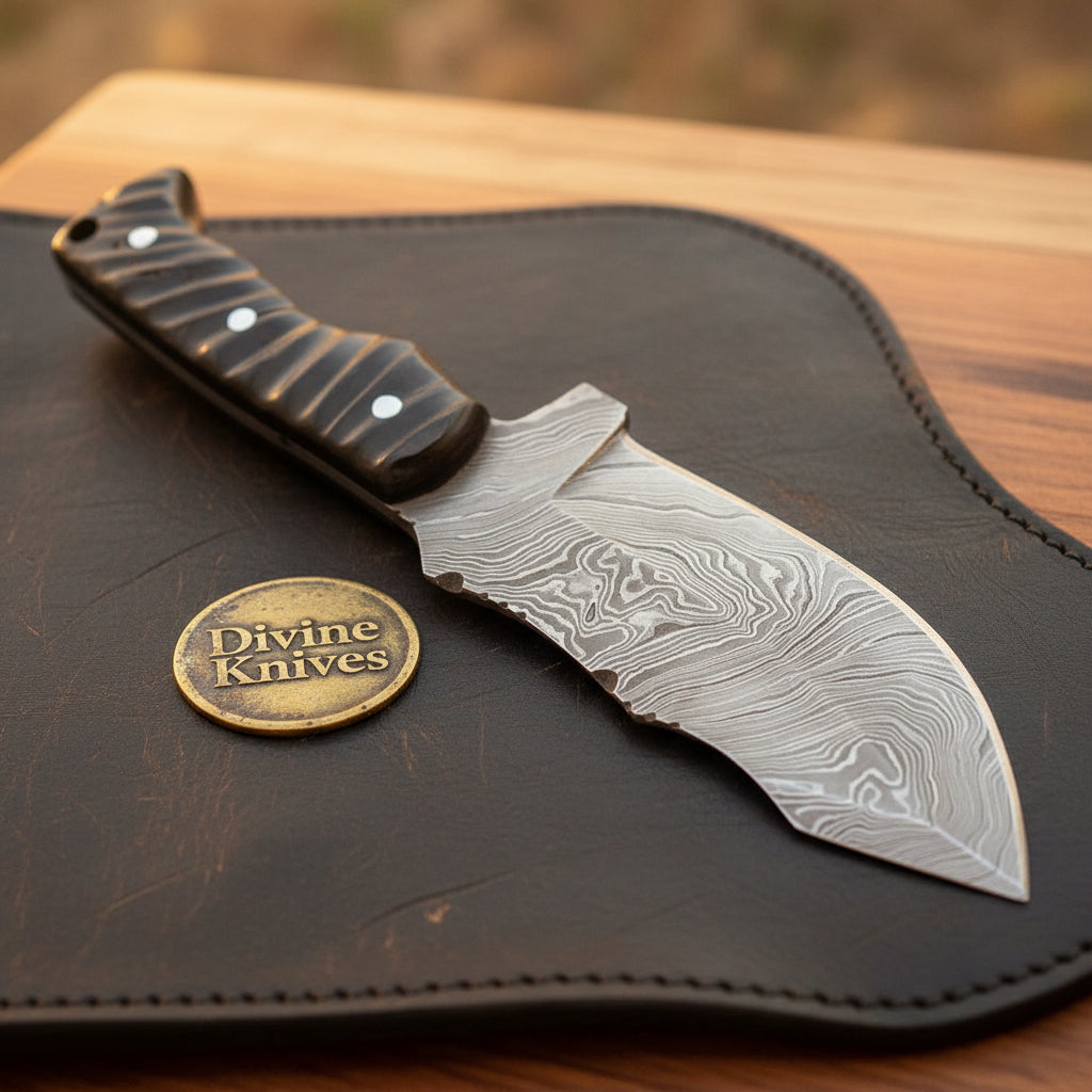 Layered Tanto Tracker Knife with Grooved Micarta Handle and Notched Ricasso by Divine Knives — product view 1
