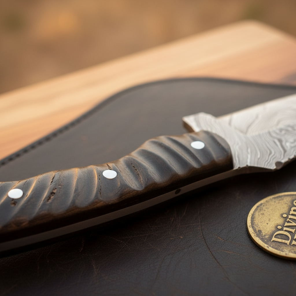 Layered Tanto Tracker Knife with Grooved Micarta Handle and Notched Ricasso by Divine Knives — product view 2