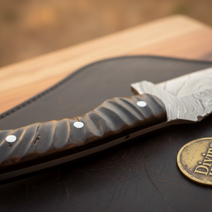 Layered Tanto Tracker Knife with Grooved Micarta Handle and Notched Ricasso by Divine Knives — product view 2