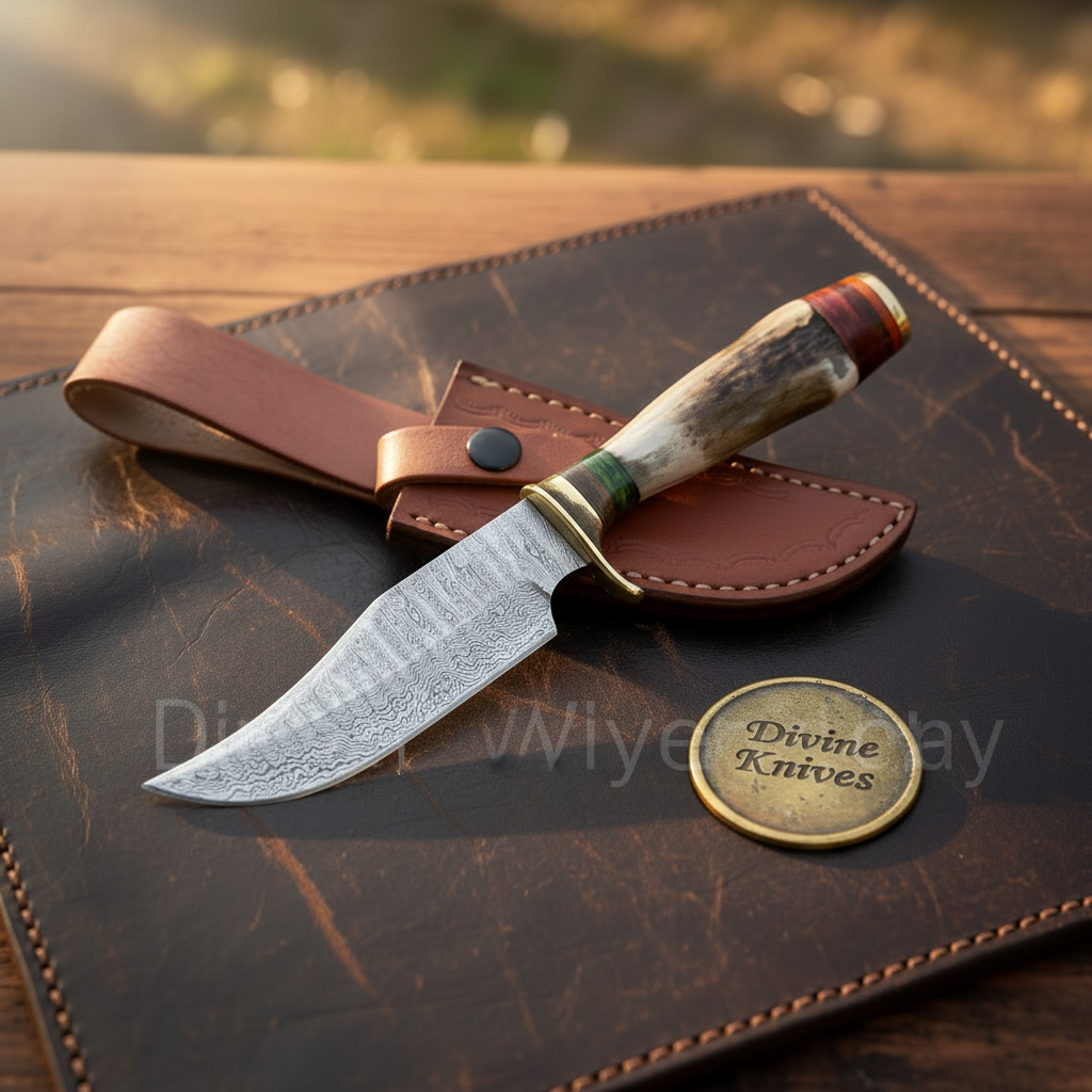 Stag Antler Skinning Knife with Hand Forged Curved Blade & Leather Belt Sheath by Divine Knives — product view 1