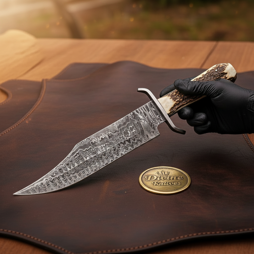 Stag Horn Damascus Clip-Point Bowie with Natural Antler Grip by Divine Knives — product view 2