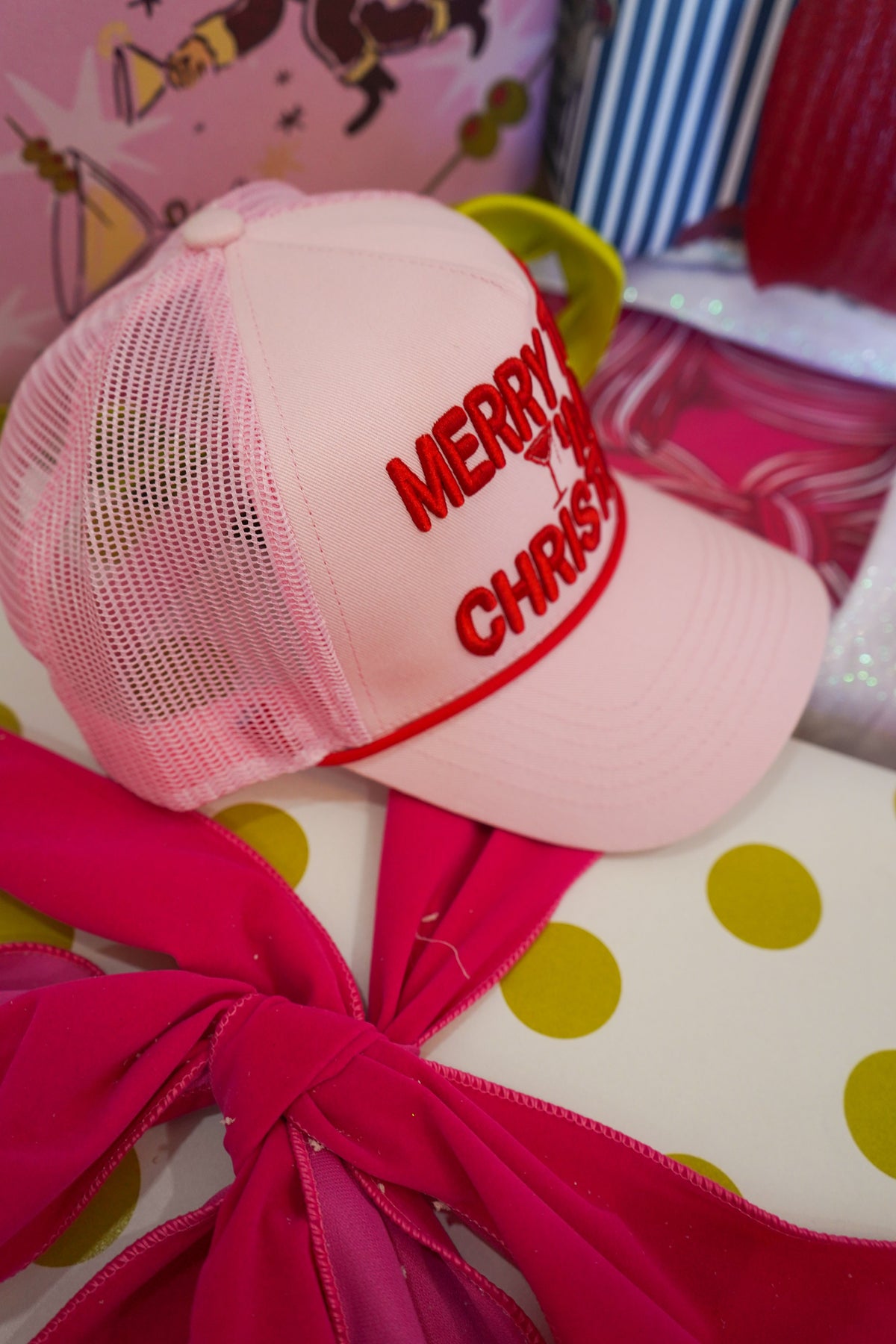 Merry Tipsy I'm Christmas - Pink Trucker Hat by KenzKustomz, view 3