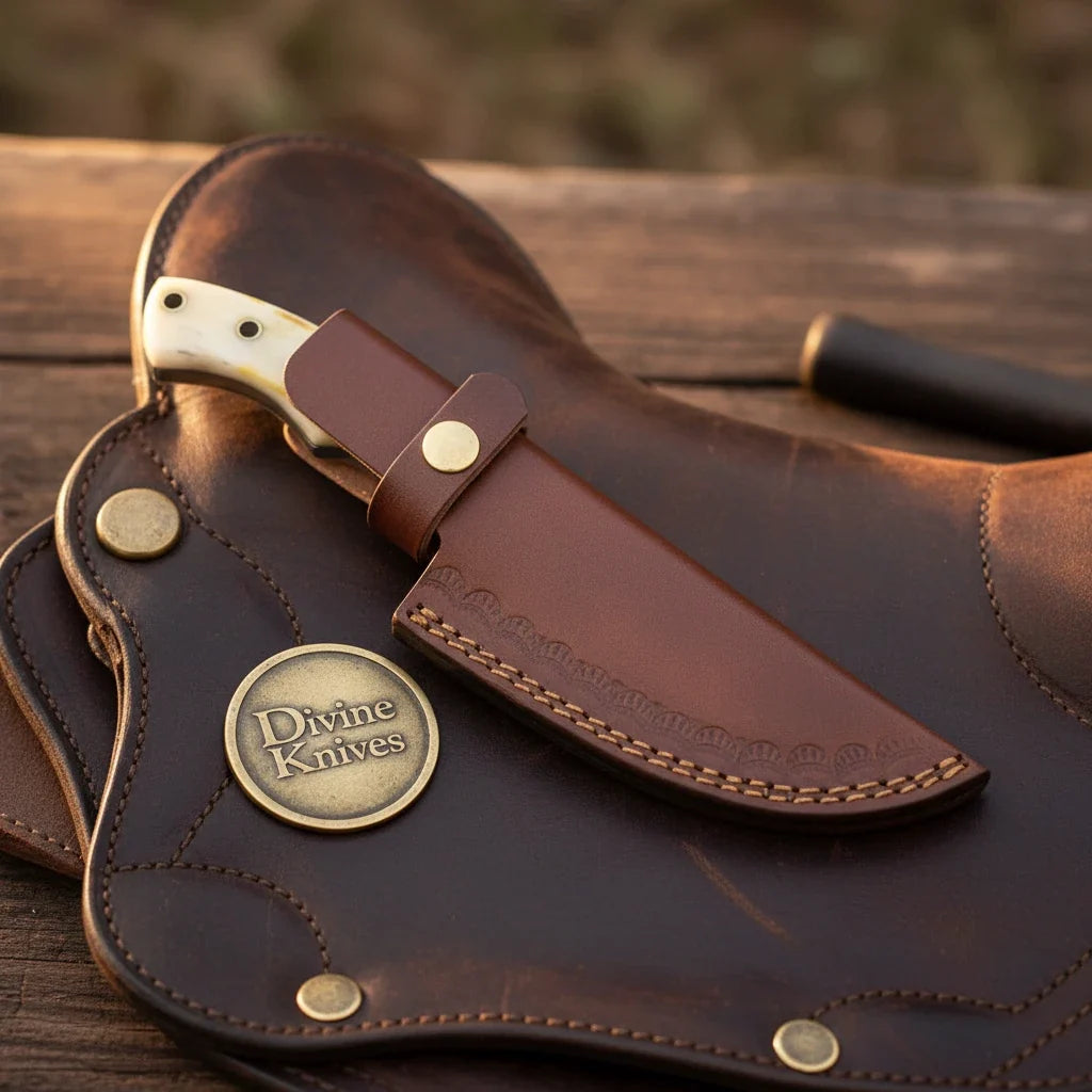 Walnut Wood Damascus Tracker Knife by Divine Knives — detail view 2