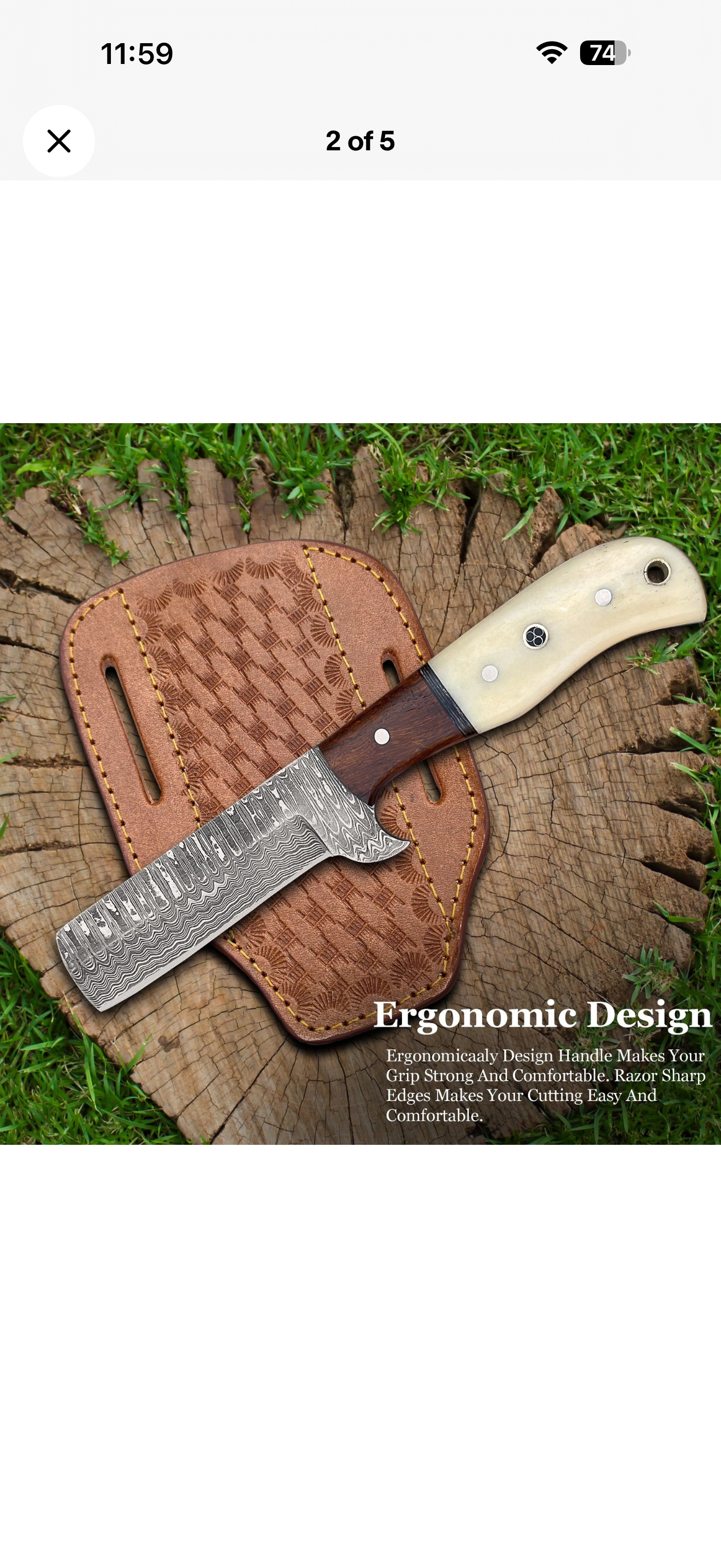 Bone and Wood Bull Cutter Knife with Wood Grain Damascus Blade
