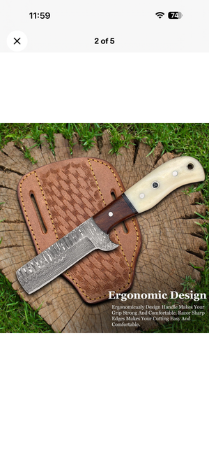 Bone and Wood Bull Cutter Knife with Wood Grain Damascus Blade