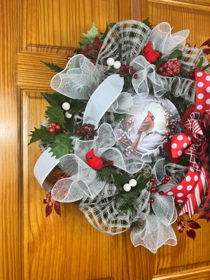 Cardinal Christmas Wreath | Red Plaid Winter Door Decor by Bouge Creations, view 4