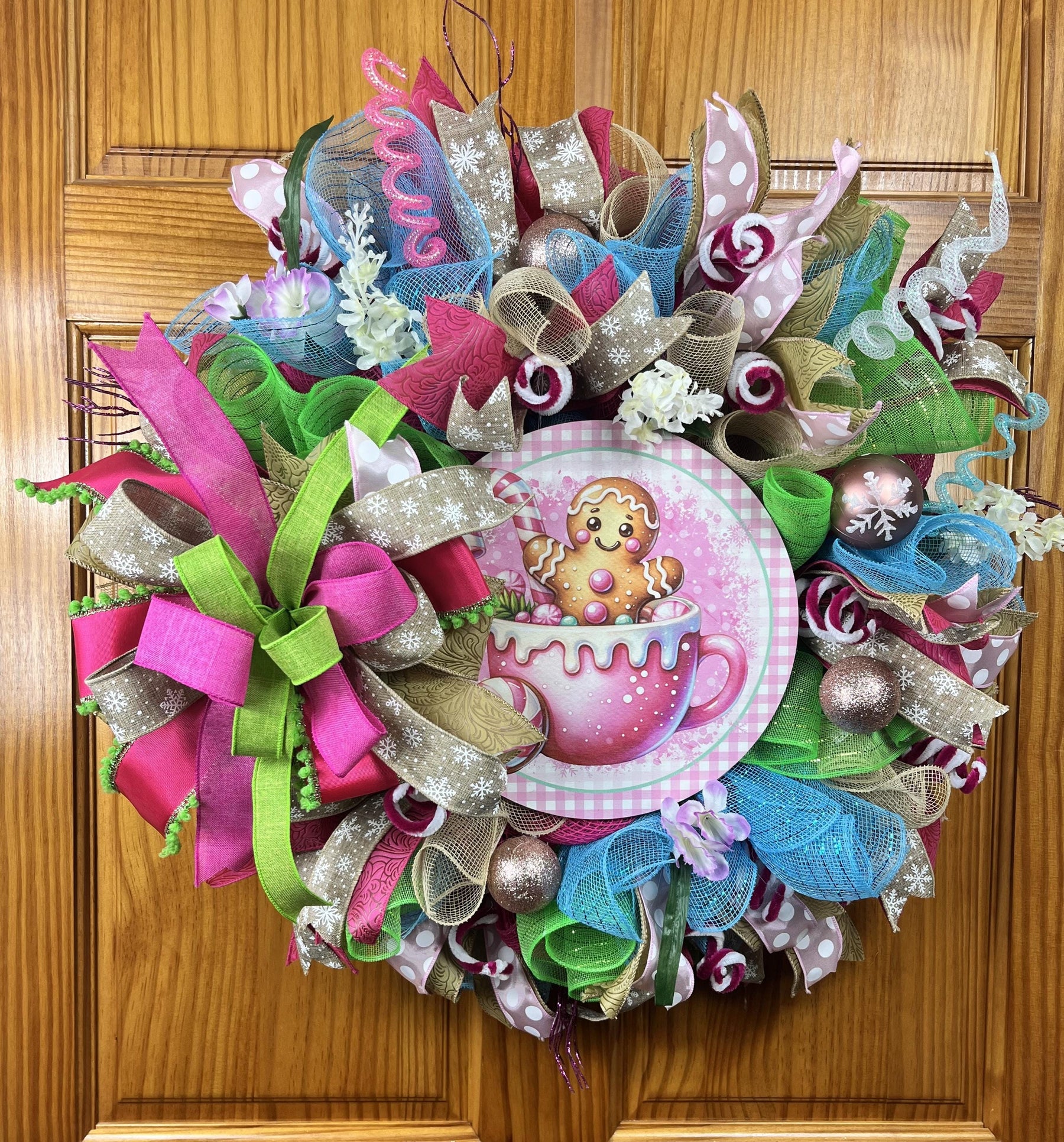 Pink Gingerbread Hot Cocoa Wreath | Christmas Door Decor by Bouge Creations, view 2