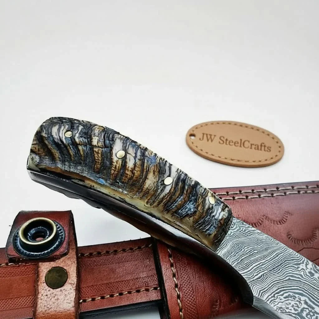 6 Inch Damascus Steel Skinner Knife with Ram Horn Handle and Leather Sheath by JW SteelCrafts, leather knife sheath detail photo 2