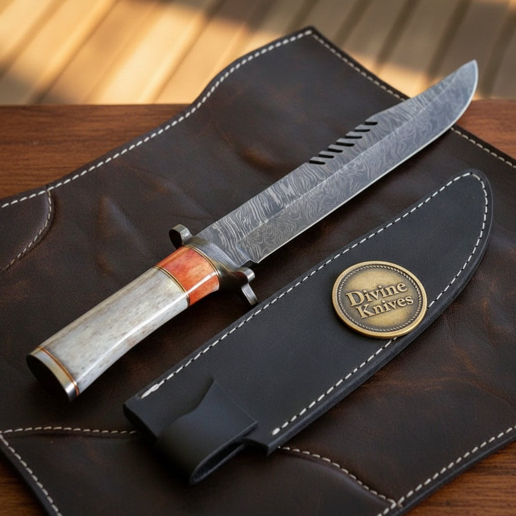 Fullered Bone Handle Bowie Knife with Slotted Spine Cutouts and White Stitched Black Sheath by Divine Knives — product view 1