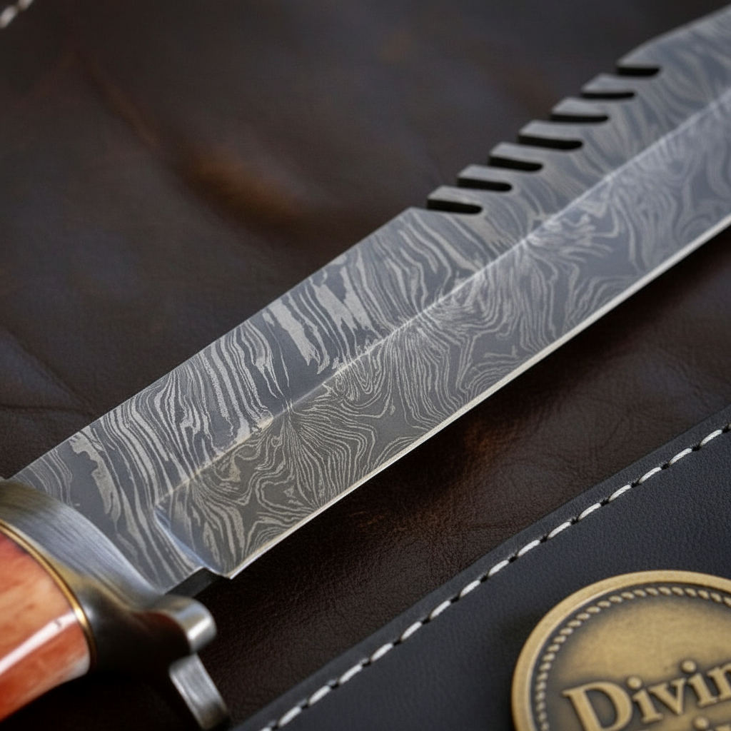 Fullered Bone Handle Bowie Knife with Slotted Spine Cutouts and White Stitched Black Sheath by Divine Knives — product view 2