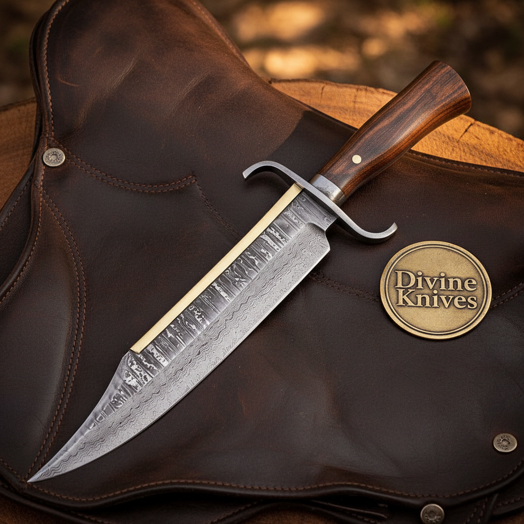 Hand Forged Frontier Bowie Knife with Rosewood Handle and Layered Clip Point Blade by Divine Knives — product view 1