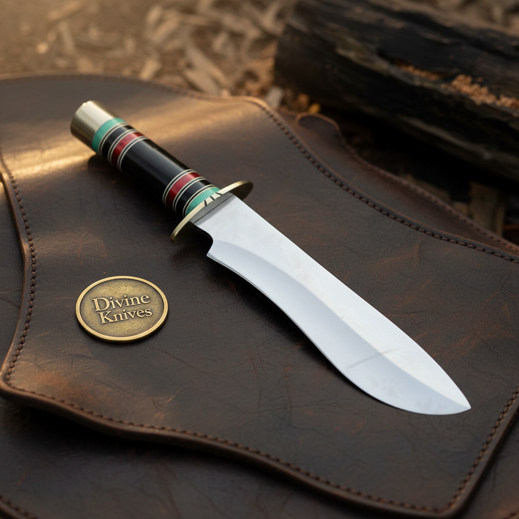 Stacked Resin Straight-Back Camp Bowie with Layered Color Handle by Divine Knives — product view 1