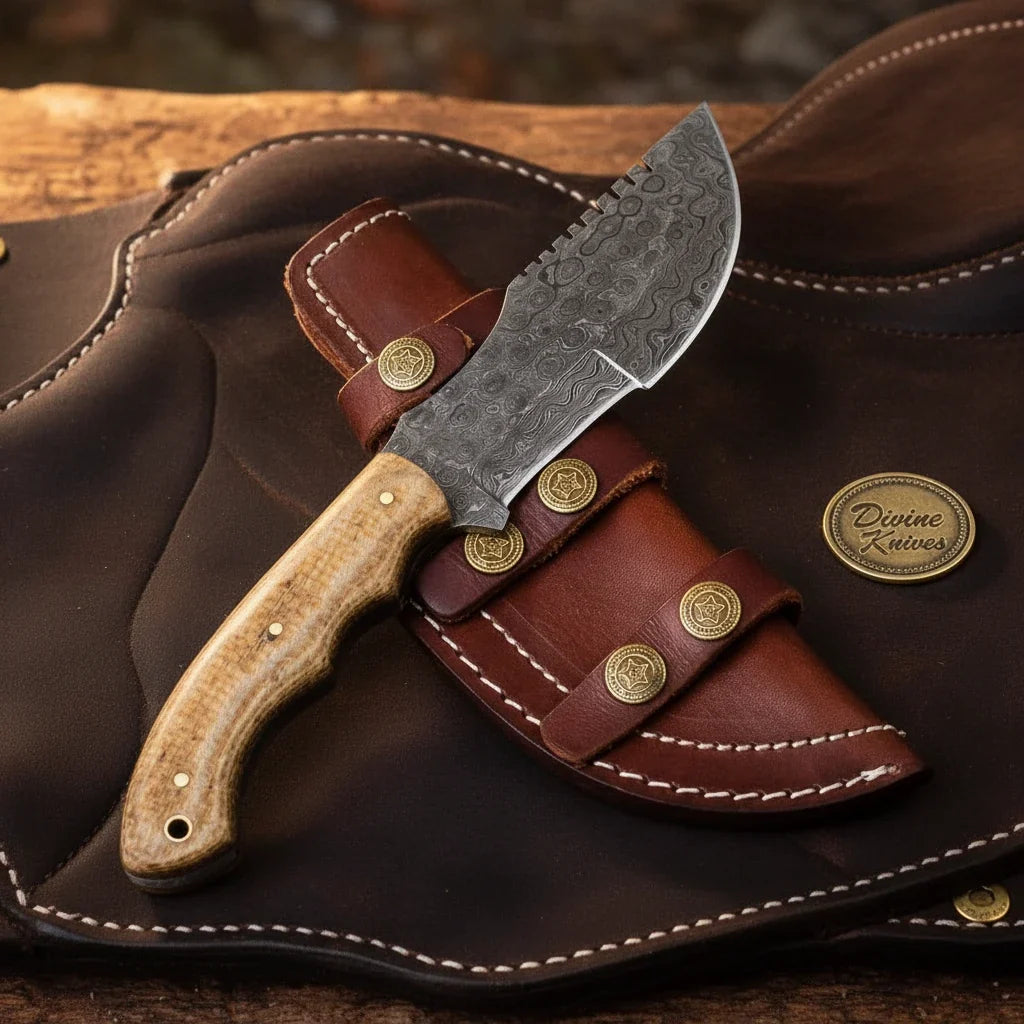 Walnut Wood Damascus Tracker Knife by Divine Knives