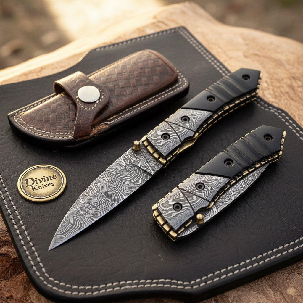 Buffalo Horn Damascus Drop Point Folder by Divine Knives
