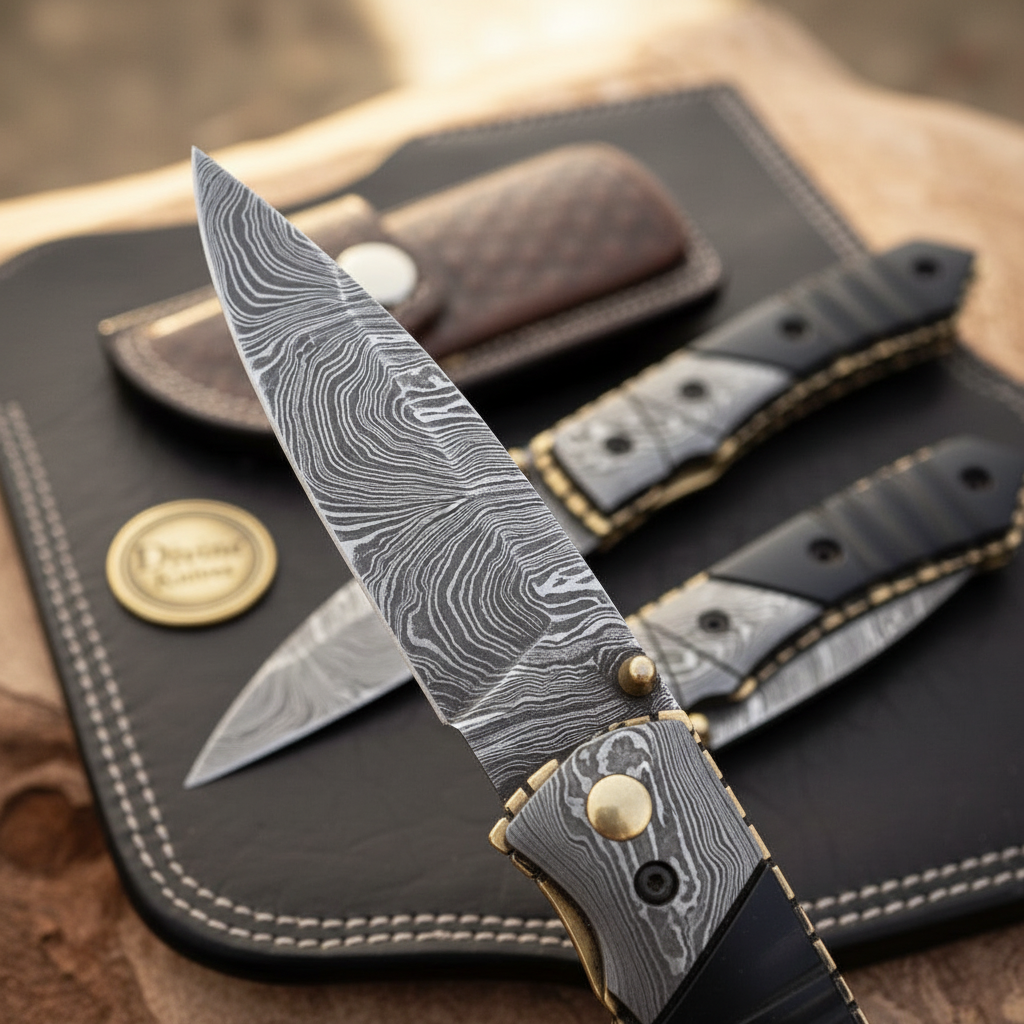 Buffalo Horn Damascus Drop Point Folder by Divine Knives — detail view 2