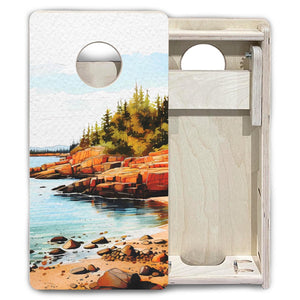 Acadia mini cornhole boards standing upright