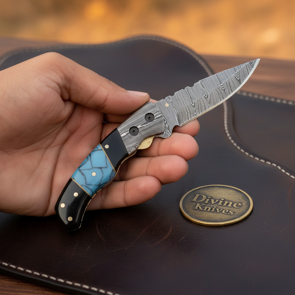 Turquoise & Buffalo Horn Liner-Lock Folder Knife by Divine Knives — product view 2