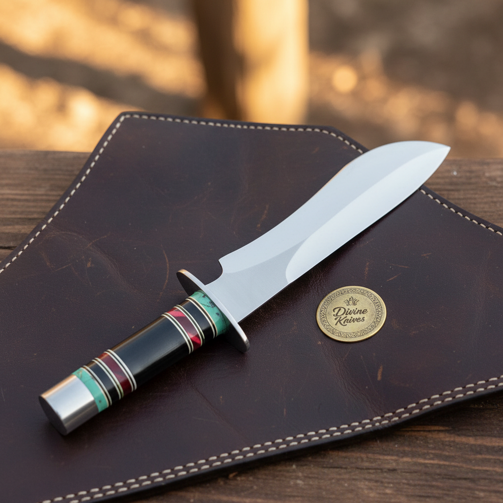 Stacked Resin Straight-Back Camp Bowie with Layered Color Handle by Divine Knives — product view 2