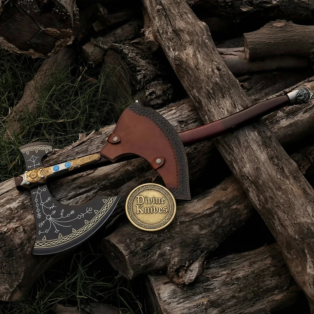 Norse Rune Etched Viking Axe with Gold Brass Bolster & Blue Stone Inlays by Divine Knives — product view 2