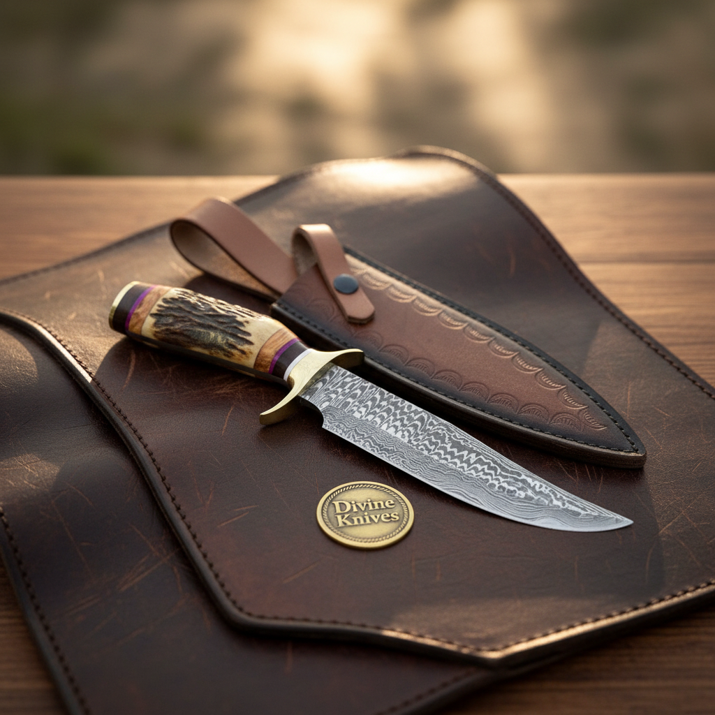 Stag Horn Segmented Damascus Classic Bowie with Banded Handle by Divine Knives — product view 3