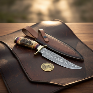 Stag Horn Segmented Damascus Classic Bowie with Banded Handle by Divine Knives — product view 3