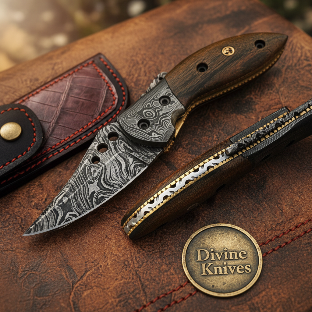 Rosewood Damascus Liner Lock Pocket Knife by Divine Knives — detail view 2