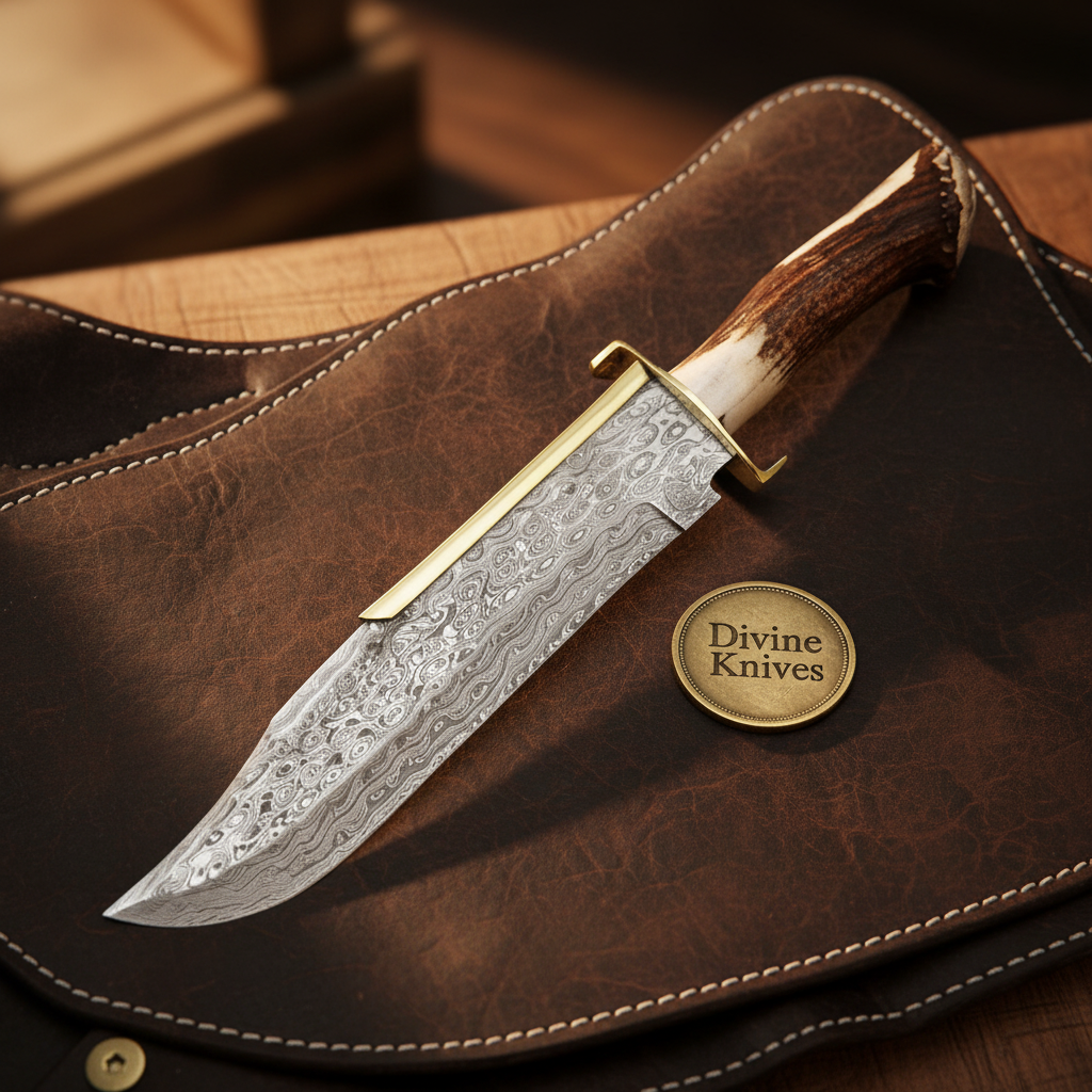 Dundee Crown Stag Damascus Bowie Knife with Natural Crown by Divine Knives — product view 1