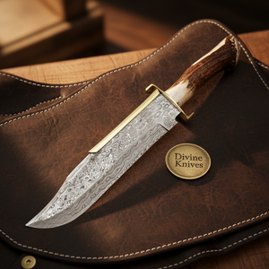 Dundee Crown Stag Damascus Bowie Knife with Natural Crown by Divine Knives — product view 1