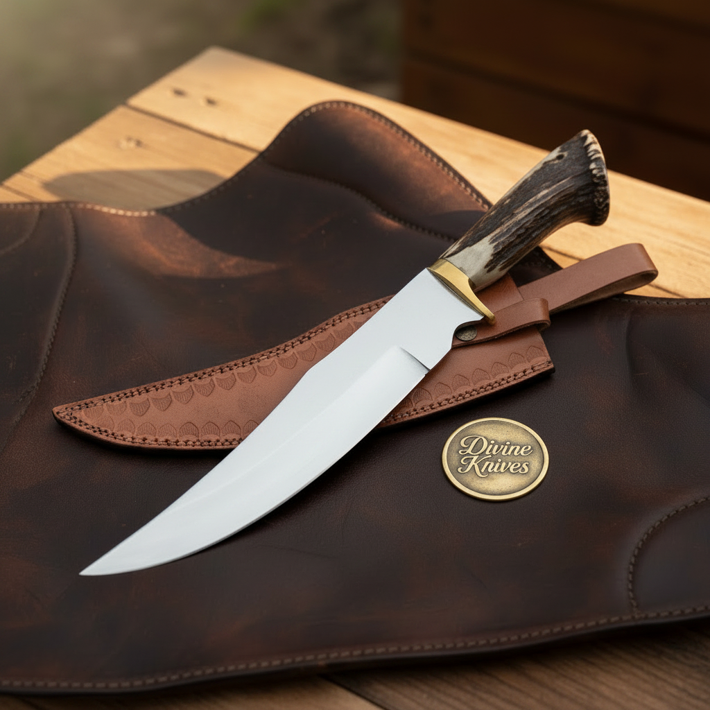 Crown Stag Trailing Point Hunter with Polished Blade by Divine Knives — product view 2