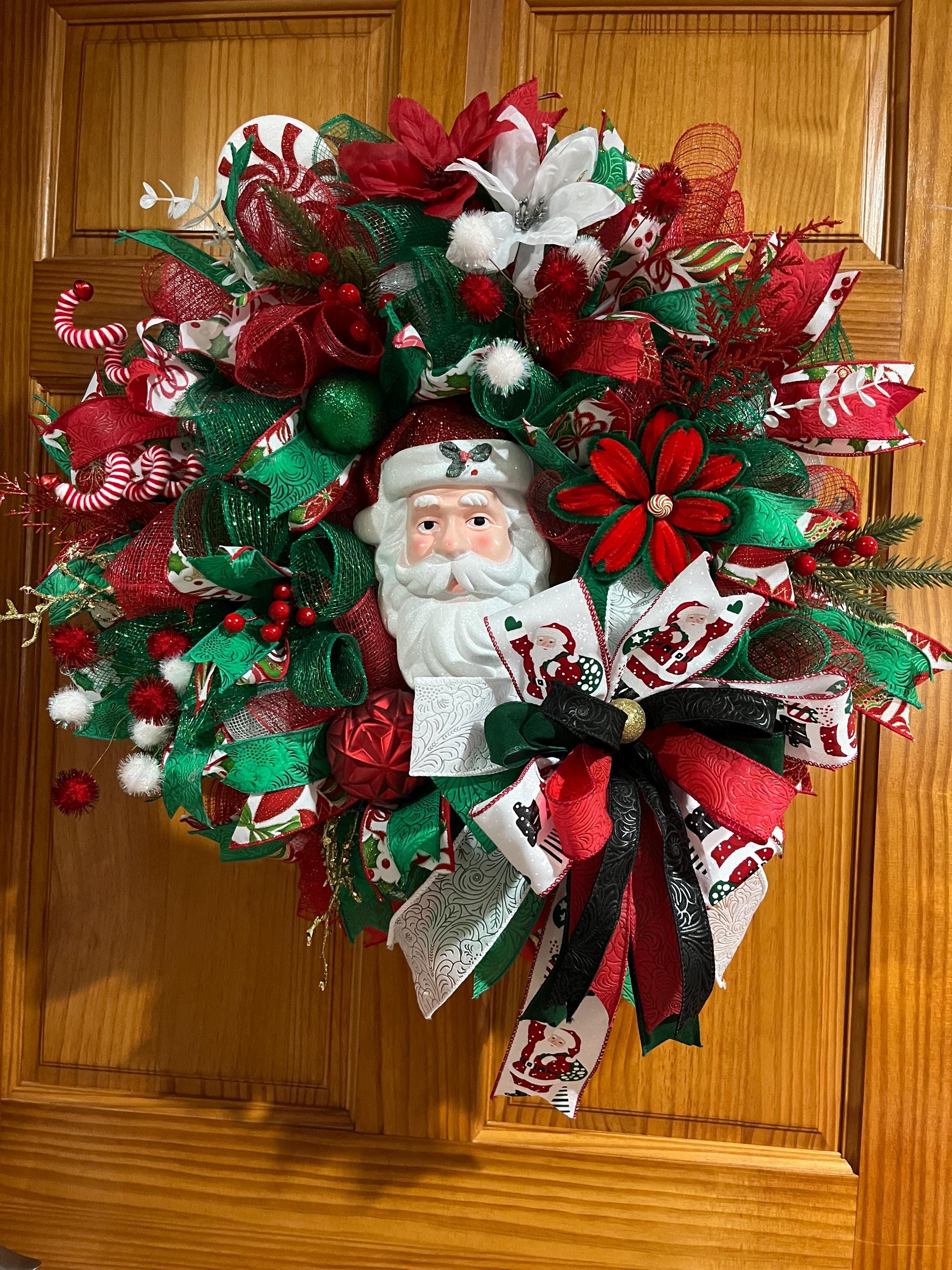 Santa Christmas Wreath | Red & Green Holiday Door Decor by Bouge Creations, view 2