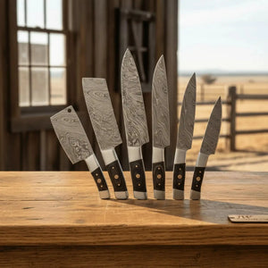 7-Piece Damascus Kitchen Knife Set — Chef, Santoku, Nakiri, Cleaver, Slicing, Utility & Paring by JW SteelCrafts, Damascus knife detail photo 2