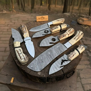 7 Piece Damascus Steel Knife Set with Synthetic Antler Handles