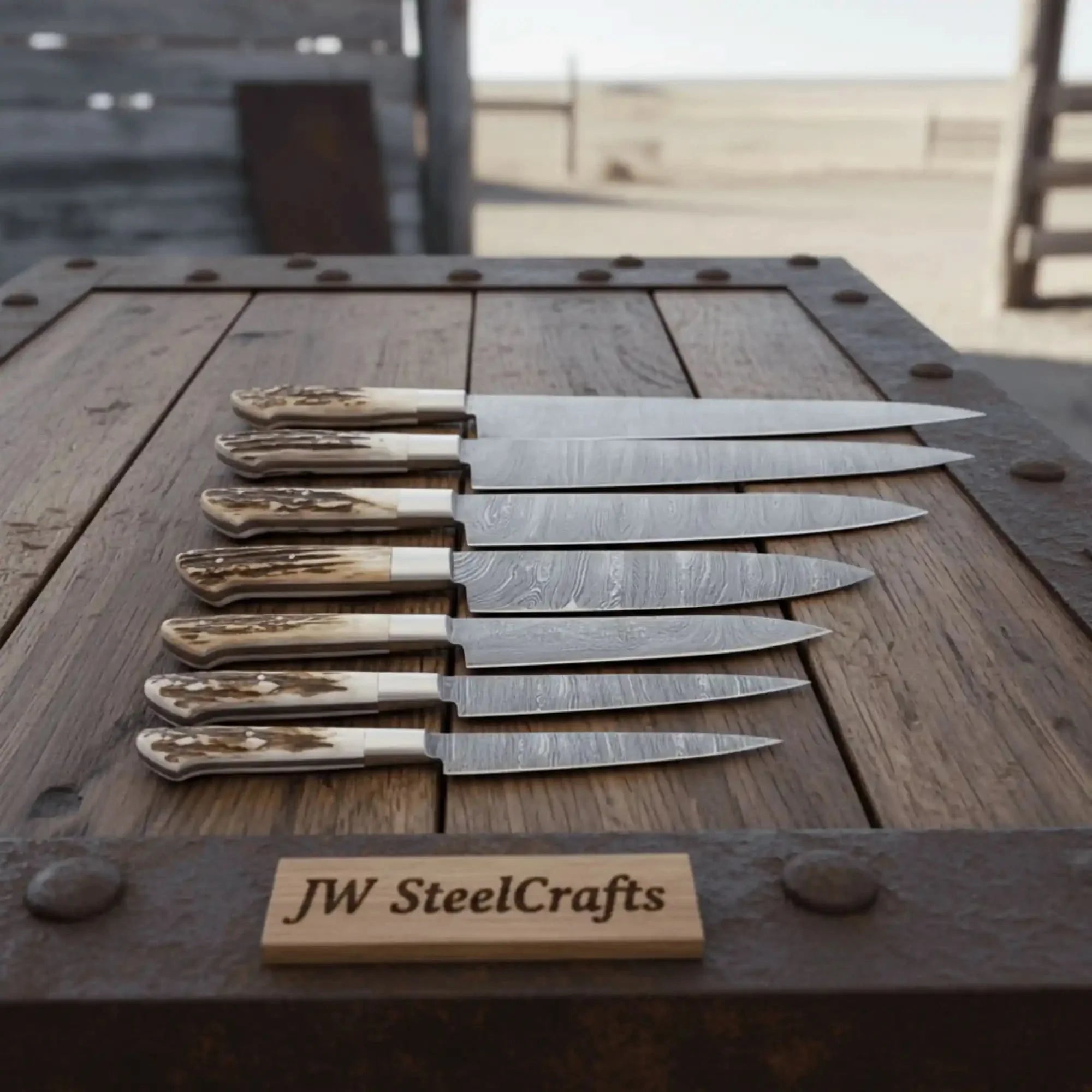 7-Piece Damascus Kitchen Knife Set — Synthetic Stag Horn Handles, Brass Bolsters & Full Tang Forged Blades by JW SteelCrafts, Damascus knife main product photo