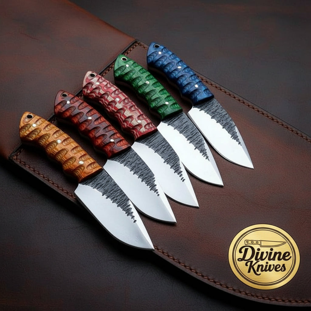 Five Piece Camping Knife Set with Coloured Pakkawood Handles and Hammer Forged Blades by Divine Knives — product view 1