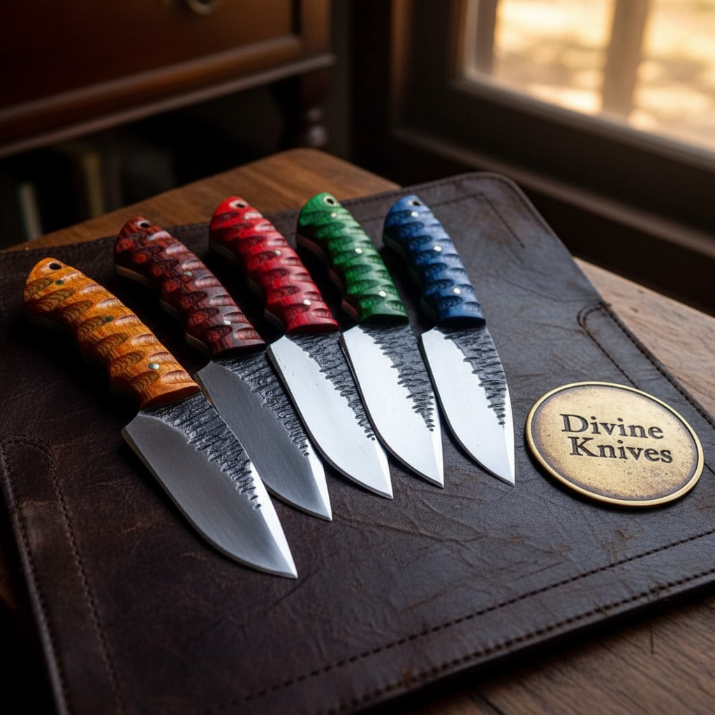 Five Piece Camping Knife Set with Coloured Pakkawood Handles and Hammer Forged Blades by Divine Knives — product view 2
