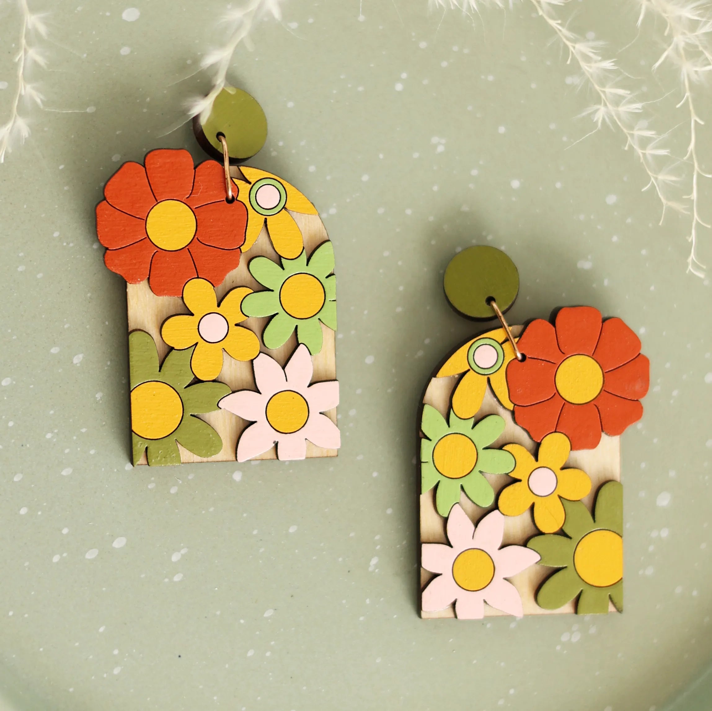 70s Burnt Orange Floral Arch Earrings hand painted on lightweight wood by LE CHIC MIAMI